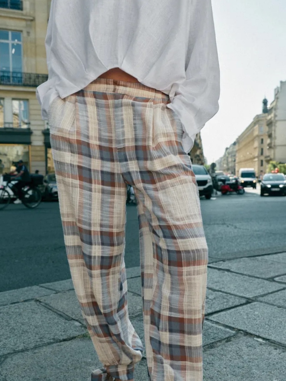 Zara Plaid Bow Balloon Pants XL in Cream, Blue & Brown